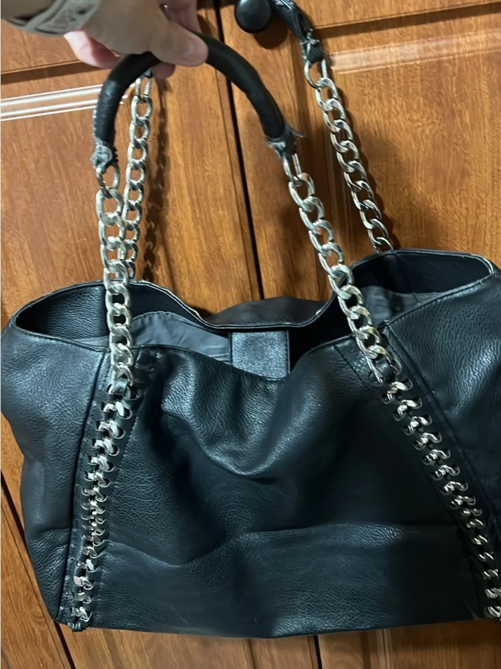 Black Faux Leather Chain-Handle Women's Tote